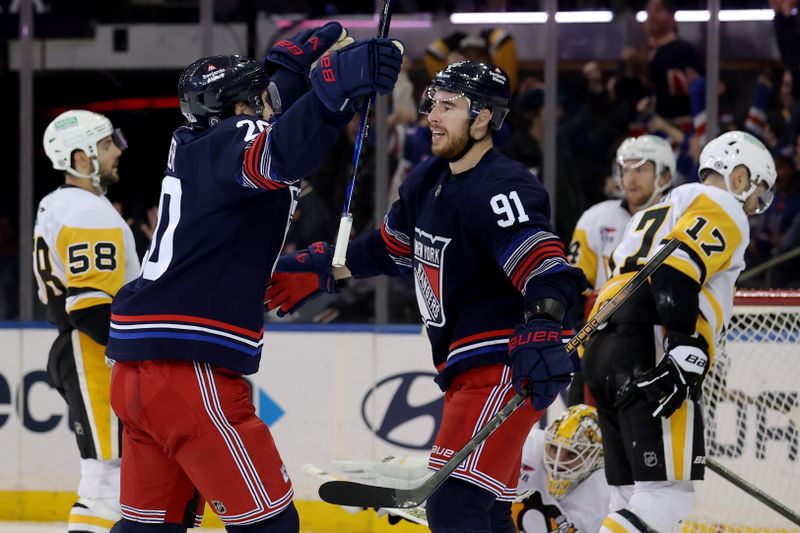 Dec 6, 2024; New York, New York, USA; New York Rangers right wing Reilly Smith (91) celebrates his goal against the Pittsburgh Penguins with left wing Chris Kreider (20) during the third period at Madison Square Garden. Mandatory Credit: Brad Penner-Imagn Images