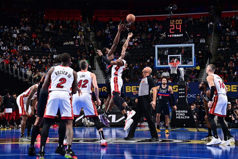 DETROIT, MI - NOVEMBER 12: Tip off between Detroit Pistons and against the Miami Heat during the Emirates NBA Cup game on November 12, 2024 at Little Caesars Arena in Detroit, Michigan. NOTE TO USER: User expressly acknowledges and agrees that, by downloading and/or using this photograph, User is consenting to the terms and conditions of the Getty Images License Agreement. Mandatory Copyright Notice: Copyright 2024 NBAE (Photo by Chris Schwegler/NBAE via Getty Images)