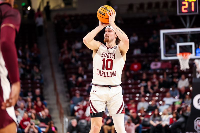 Jan 31, 2023; Columbia, South Carolina, USA; South Carolina Gamecocks forward Hayden Brown (10) shoots against the Mississippi State Bulldogs in the first half at Colonial Life Arena. Mandatory Credit: Jeff Blake-USA TODAY Sports