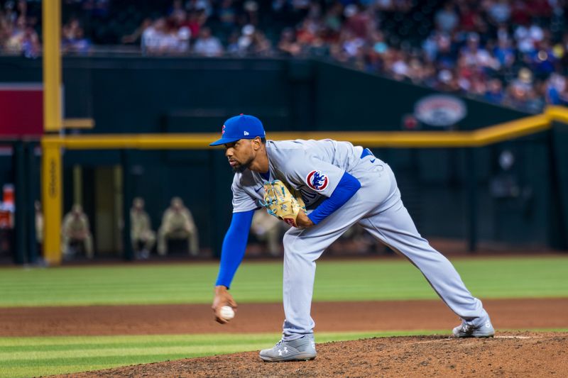 Sep 17, 2023; Phoenix, Arizona, USA; Chicago Cubs pitcher Jose Cuas (74) on the mound in the fifth inning against the Arizona Diamondbacks at Chase Field. Mandatory Credit: Allan Henry-USA TODAY Sports