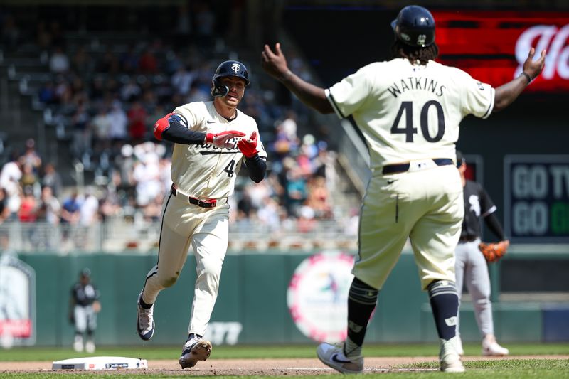 Apr 25, 2024; Minneapolis, Minnesota, USA; Minnesota Twins second baseman Edouard Julien (47) celebrates his solo home run against the Chicago White Sox during the seventh inning at Target Field. Mandatory Credit: Matt Krohn-USA TODAY Sports