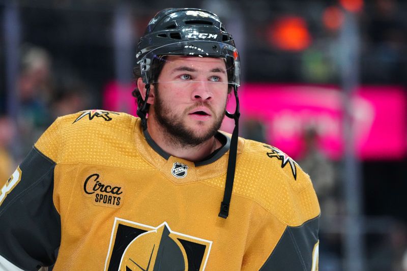 Nov 25, 2023; Las Vegas, Nevada, USA; Vegas Golden Knights center Paul Cotter (43) warms up before a game against the Arizona Coyotes at T-Mobile Arena. Mandatory Credit: Stephen R. Sylvanie-USA TODAY Sports