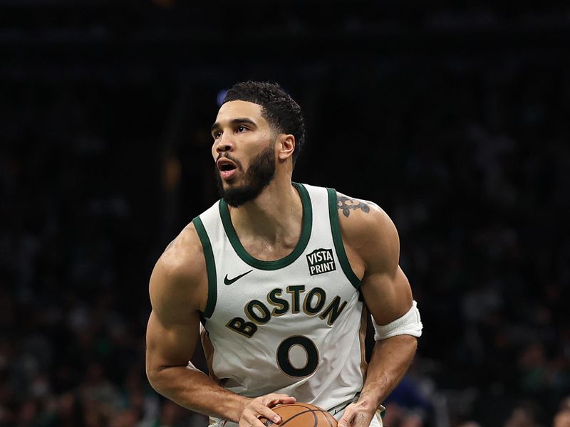 BOSTON, MASSACHUSETTS - NOVEMBER 10: Jayson Tatum #0 of the Boston Celtics looks to shoot against the Brooklyn Nets  during the second quarter of their In-Season Tournament game at TD Garden on November 10, 2023 in Boston, Massachusetts. NOTE TO USER: User expressly acknowledges and agrees that, by downloading and or using this photograph, User is consenting to the terms and conditions of the Getty Images License Agreement. (Photo by Maddie Meyer/Getty Images)