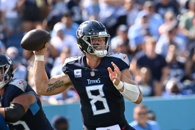 Tennessee Titans quarterback Will Levis throws during the first half of an NFL football game against the Indianapolis Colts, Sunday, Oct. 13, 2024, in Nashville, Tenn. (AP Photo/John Amis)