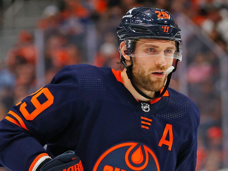 Dec 14, 2023; Edmonton, Alberta, CAN; Edmonton Oilers forward Leon Draisaitl (29) waits for play to begin against the Tampa Bay Lightning at Rogers Place. Mandatory Credit: Perry Nelson-USA TODAY Sports