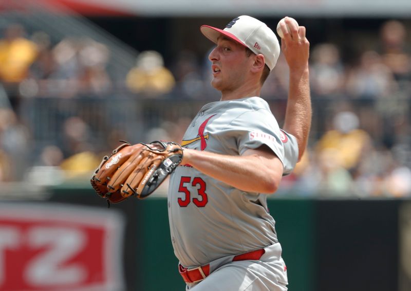 Jul 4, 2024; Pittsburgh, Pennsylvania, USA; St. Louis Cardinals starting pitcher Andre Pallante (53) delivers a pitch against the Pittsburgh Pirates during the first inning at PNC Park. Mandatory Credit: Charles LeClaire-USA TODAY Sports