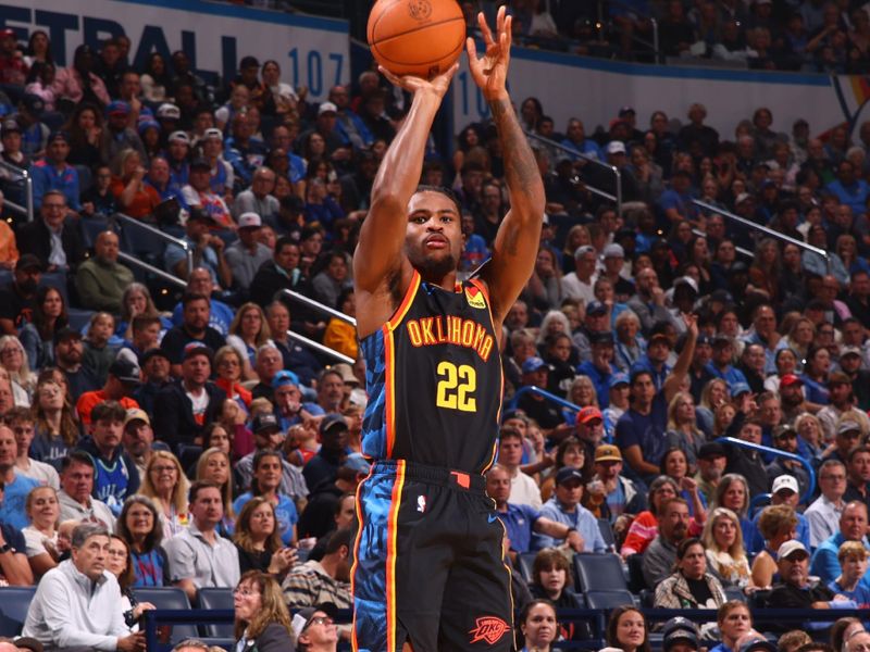 OKLAHOMA CITY, OK - NOVEMBER 17: Cason Wallace #22 of the Oklahoma City Thunder shoots a three point basket during the game against the Dallas Mavericks on November 17, 2024 at Paycom Center in Oklahoma City, Oklahoma. NOTE TO USER: User expressly acknowledges and agrees that, by downloading and or using this photograph, User is consenting to the terms and conditions of the Getty Images License Agreement. Mandatory Copyright Notice: Copyright 2024 NBAE (Photo by Zach Beeker/NBAE via Getty Images)