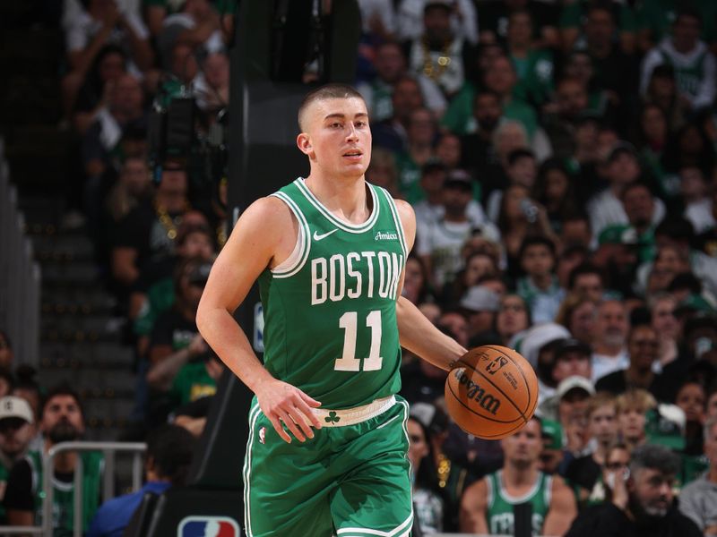 BOSTON, MA - OCTOBER 22: Payton Pritchard #11 of the Boston Celtics dribbles the ball during the game against the New York Knicks on October 22, 2024 at TD Garden in Boston, Massachusetts. NOTE TO USER: User expressly acknowledges and agrees that, by downloading and or using this Photograph, user is consenting to the terms and conditions of the Getty Images License Agreement. Mandatory Copyright Notice: Copyright 2024 NBAE (Photo by Nathaniel S. Butler/NBAE via Getty Images)