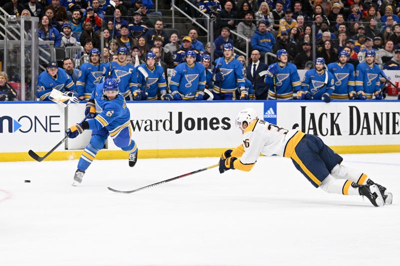 Feb 17, 2024; St. Louis, Missouri, USA; Nashville Predators left wing Cole Smith (36) attempts to block a shot from St. Louis Blues defenseman Marco Scandella (6) during the second period at Enterprise Center. Mandatory Credit: Jeff Le-USA TODAY Sports