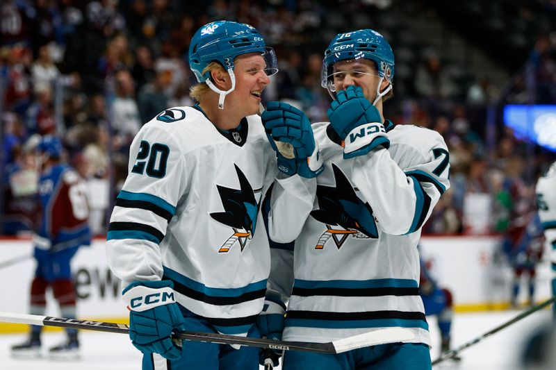 Mar 6, 2025; Denver, Colorado, USA; San Jose Sharks left wing Fabian Zetterlund (20) and left wing William Eklund (72) before the game against the Colorado Avalanche at Ball Arena. Mandatory Credit: Isaiah J. Downing-Imagn Images