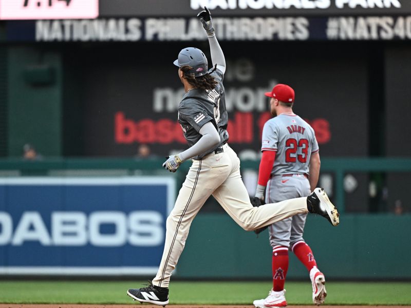 Aug 10, 2024; Washington, District of Columbia, USA;  Washington Nationals left fielder James Wood (29) gestures as he rounds the bases after hitting a home run during the second inning against the Los Angeles Angels at Nationals Park. Mandatory Credit: James A. Pittman-USA TODAY Sports