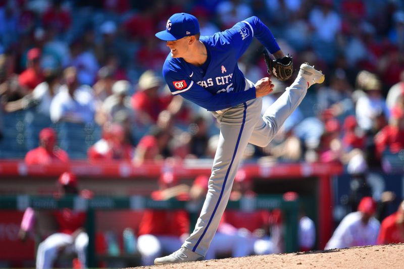 May 12, 2024; Anaheim, California, USA; Kansas City Royals pitcher James McArthur (66) throws against the Los Angeles Angels during the ninth inning at Angel Stadium. Mandatory Credit: Gary A. Vasquez-USA TODAY Sports