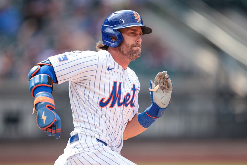 Jul 14, 2024; New York City, New York, USA; New York Mets second baseman Jeff McNeil (1) runs the bases during a RBI double during the eighth inning against the Colorado Rockies at Citi Field. Mandatory Credit: Vincent Carchietta-USA TODAY Sports