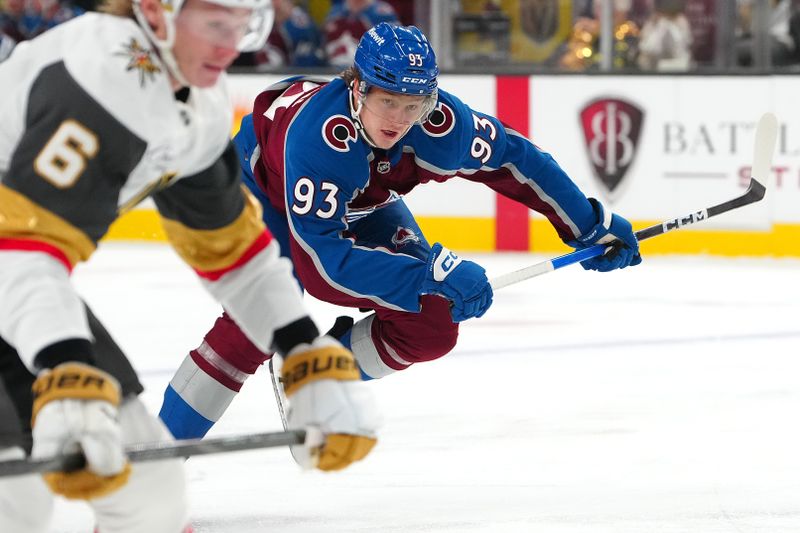 Oct 31, 2025; Las Vegas, Nevada, USA; Colorado Avalanche center Zakhar Bardakov (93) skates against the Vegas Golden Knights during the first period at T-Mobile Arena. Mandatory Credit: Stephen R. Sylvanie-Imagn Images