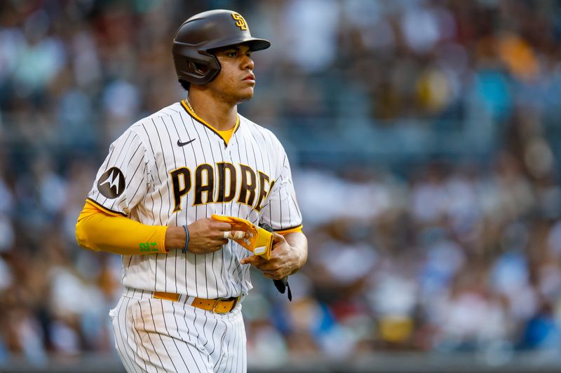 Jun 17, 2023; San Diego, California, USA; San Diego Padres left fielder Juan Soto (22) draws a walk in the eighth inning against against the Tampa Bay Rays at Petco Park. Mandatory Credit: David Frerker-USA TODAY Sports