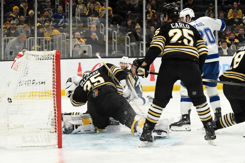 Feb 13, 2024; Boston, Massachusetts, USA; Tampa Bay Lightning right wing Nikita Kucherov (86) scores a goal past Boston Bruins goaltender Linus Ullmark (35) during the second period at TD Garden. Mandatory Credit: Bob DeChiara-USA TODAY Sports