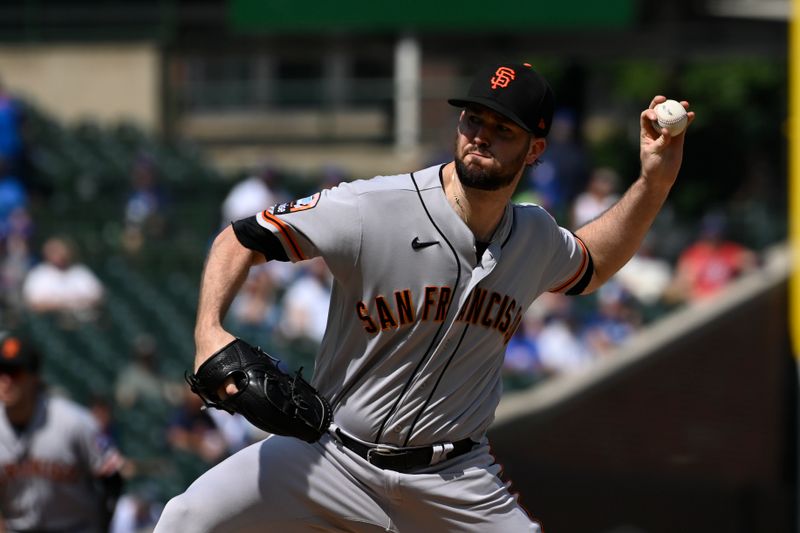 Sep 6, 2023; Chicago, Illinois, USA;  San Francisco Giants starting pitcher Alex Wood (57) delivers a pitch against the Chicago Cubs during the first inning at Wrigley Field. Mandatory Credit: Matt Marton-USA TODAY Sports