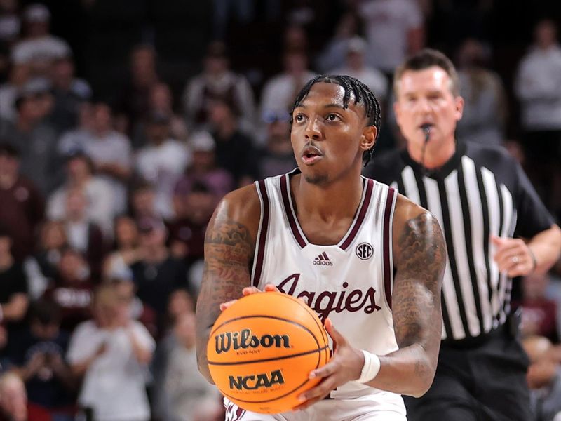 Dec 6, 2023; College Station, Texas, USA; Texas A&M Aggies guard Wade Taylor IV (4) shoots a three-point shot against the DePaul Blue Demons during the first half at Reed Arena. Mandatory Credit: Erik Williams-USA TODAY Sports