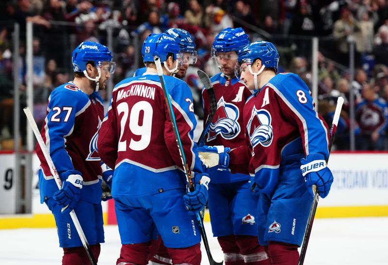 Nov 27, 2023; Denver, Colorado, USA; Colorado Avalanche defenseman Cale Makar (8) celebrates his goal with center Nathan MacKinnon (29) and left wing Jonathan Drouin (27) and right wing Valeri Nichushkin (13) and right wing Mikko Rantanen (96) in the second period at Ball Arena. Mandatory Credit: Ron Chenoy-USA TODAY Sports