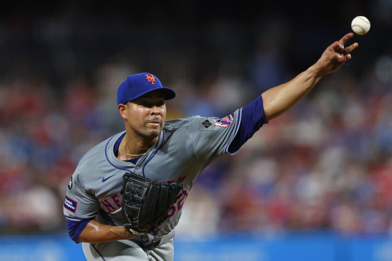 Sep 13, 2024; Philadelphia, Pennsylvania, USA; New York Mets pitcher Jose Quintana (62) throws a pitch against the Philadelphia Phillies during the seventh inning at Citizens Bank Park. Mandatory Credit: Bill Streicher-Imagn Images