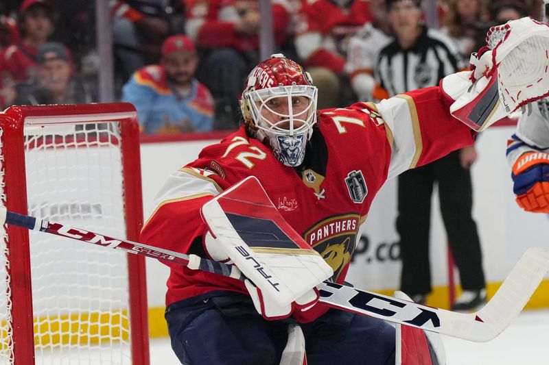 Jun 10, 2024; Sunrise, Florida, USA; Florida Panthers goaltender Sergei Bobrovsky (72) defends against Edmonton Oilers during the second period in game two of the 2024 Stanley Cup Final at Amerant Bank Arena. Mandatory Credit: Jim Rassol-USA TODAY Sports