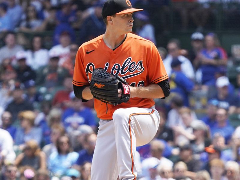 Jun 17, 2023; Chicago, Illinois, USA; Baltimore Orioles starting pitcher Kyle Gibson (48) throws against the Chicago Cubs during the first inning at Wrigley Field. Mandatory Credit: David Banks-USA TODAY Sports