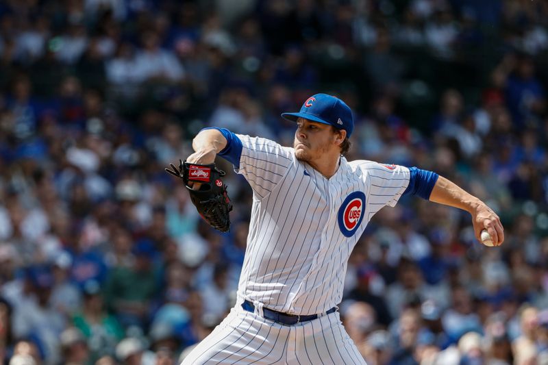 May 5, 2023; Chicago, Illinois, USA; Chicago Cubs starting pitcher Justin Steele (35) pitches against the Miami Marlins during the sixth inning at Wrigley Field. Mandatory Credit: Kamil Krzaczynski-USA TODAY Sports