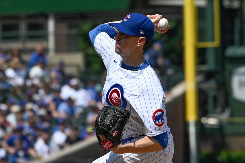 Aug 20, 2023; Chicago, Illinois, USA;  Chicago Cubs starting pitcher Kyle Hendricks (28) delivers against the Kansas City Royals during the first inning at Wrigley Field. Mandatory Credit: Matt Marton-USA TODAY Sports