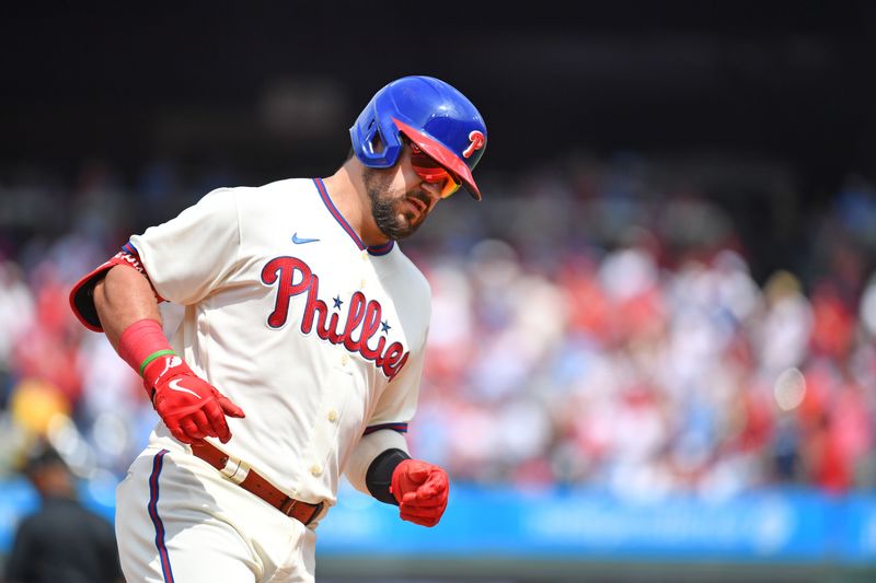 Aug 6, 2023; Philadelphia, Pennsylvania, USA; Philadelphia Phillies left fielder Kyle Schwarber (12) runs the bases after hitting a home run against the Kansas City Royals during the second inning at Citizens Bank Park. Mandatory Credit: Eric Hartline-USA TODAY Sports