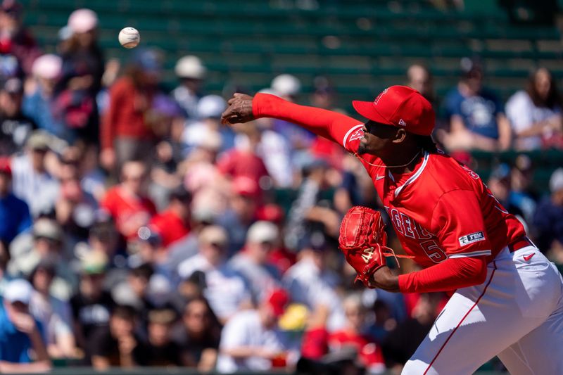 Mar 8, 2024; Tempe, Arizona, USA; Los Angeles Angels starting pitcher Jose Soriano (59) on the mound in the first during a spring training game against the Colorado Rockies at Tempe Diablo Stadium. Mandatory Credit: Allan Henry-USA TODAY Sports