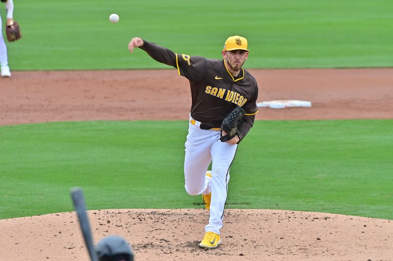 Feb 26, 2024; Peoria, Arizona, USA;  San Diego Padres starting pitcher Joe Musgrove (44) throws in the second inning against the Cleveland Guardians during a spring training game at Peoria Sports Complex. Mandatory Credit: Matt Kartozian-USA TODAY Sports