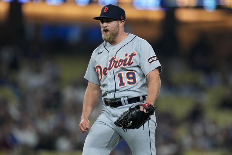 Sep 20, 2023; Los Angeles, California, USA; Detroit Tigers relief pitcher Will Vest (19) celebrates at the end of the game against the Los Angeles Dodgers at Dodger Stadium. Mandatory Credit: Kirby Lee-USA TODAY Sports