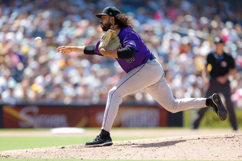 Aug 4, 2024; San Diego, California, USA; Colorado Rockies relief pitcher Justin Lawrence (61) throws a pitch during the sixth inning against the San Diego Padres at Petco Park. Mandatory Credit: David Frerker-USA TODAY Sports