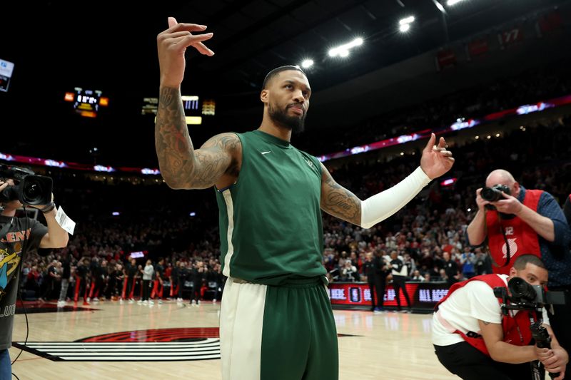 PORTLAND, OREGON - JANUARY 31: Damian Lillard #0 of the Milwaukee Bucks acknowledges the crowd during his return against the Portland Trail Blazers at Moda Center on January 31, 2024 in Portland, Oregon. (Photo by Steph Chambers/Getty Images)