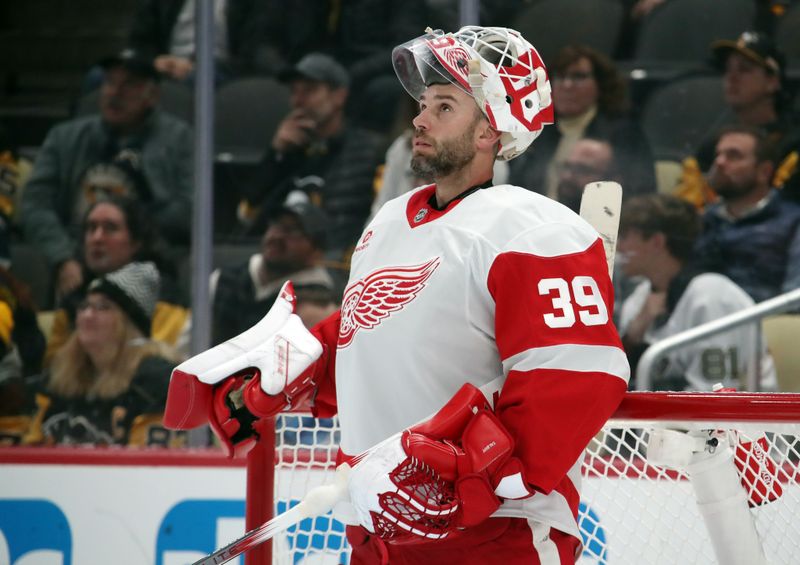 Nov 13, 2024; Pittsburgh, Pennsylvania, USA;  Detroit Red Wings goaltender Cam Talbot (39) looks on against the Pittsburgh Penguins during the third period at PPG Paints Arena. Mandatory Credit: Charles LeClaire-Imagn Images