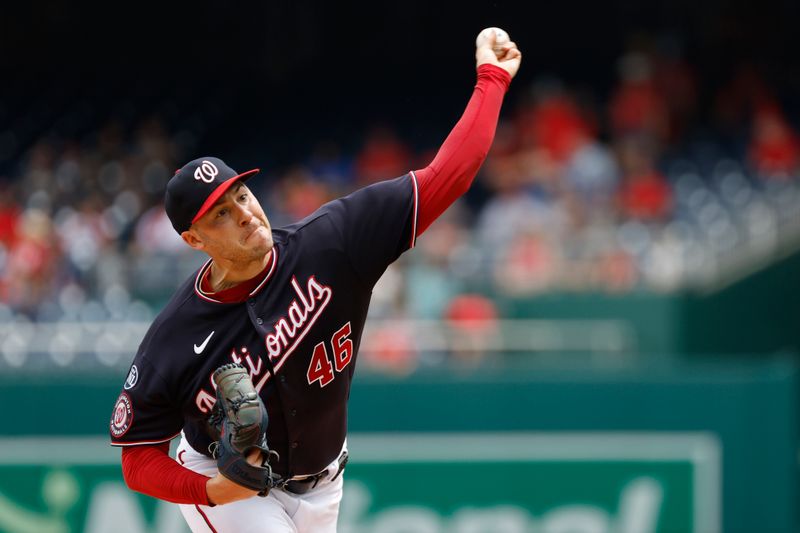 Jul 9, 2023; Washington, District of Columbia, USA; Washington Nationals starting pitcher Patrick Corbin (46) pitches against the Texas Rangers during the first inning at Nationals Park. Mandatory Credit: Geoff Burke-USA TODAY Sports