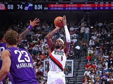 SALT LAKE CITY, UT - NOVEMBER 14: Jerami Grant #9 of the Portland Trail Blazers shoots the ball during the game against the Utah Jazz during the In-Season Tournament on November 14, 2023 at vivint.SmartHome Arena in Salt Lake City, Utah. NOTE TO USER: User expressly acknowledges and agrees that, by downloading and or using this Photograph, User is consenting to the terms and conditions of the Getty Images License Agreement. Mandatory Copyright Notice: Copyright 2023 NBAE (Photo by Melissa Majchrzak/NBAE via Getty Images)