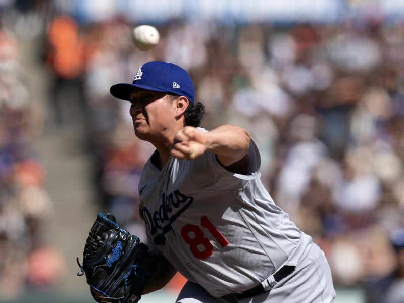 Oct 1, 2023; San Francisco, California, USA; Los Angeles Dodgers pitcher Victor Gonzalez (81) delivers a pitch against the San Francisco Giants during the fifth inning at Oracle Park. Mandatory Credit: D. Ross Cameron-USA TODAY Sports