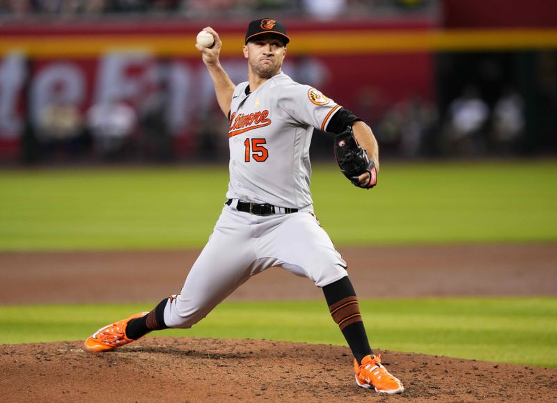 Sep 3, 2023; Phoenix, Arizona, USA; Baltimore Orioles starting pitcher Jack Flaherty (15) pitches against the Arizona Diamondbacks during the third inning at Chase Field. Mandatory Credit: Joe Camporeale-USA TODAY Sports