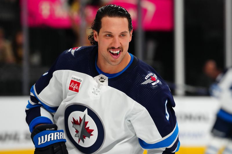 Nov 2, 2023; Las Vegas, Nevada, USA; Winnipeg Jets defenseman Brenden Dillon (5) warms up before a game against the Vegas Golden Knights at T-Mobile Arena. Mandatory Credit: Stephen R. Sylvanie-USA TODAY Sports