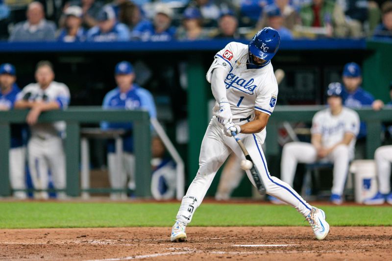 Apr 10, 2024; Kansas City, Missouri, USA; Kansas City Royals outfielder MJ Melendez (1) at bat during the seventh inning against the Houston Astros at Kauffman Stadium. Mandatory Credit: William Purnell-USA TODAY Sports