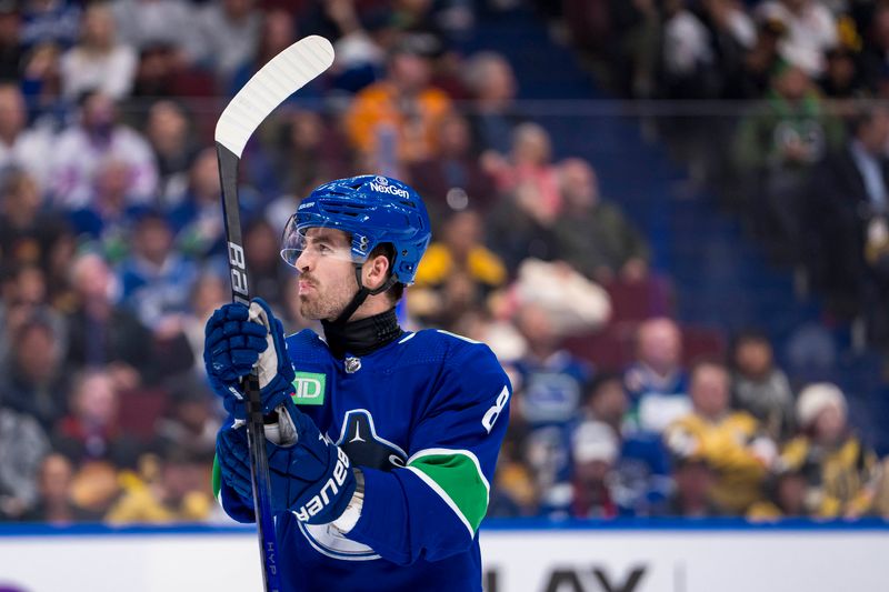 Apr 8, 2024; Vancouver, British Columbia, CAN; Vancouver Canucks forward Conor Garland (8) during a stop in play against the Vegas Golden Knights in the third period at Rogers Arena. Canucks won 4 -3. Mandatory Credit: Bob Frid-USA TODAY Sports