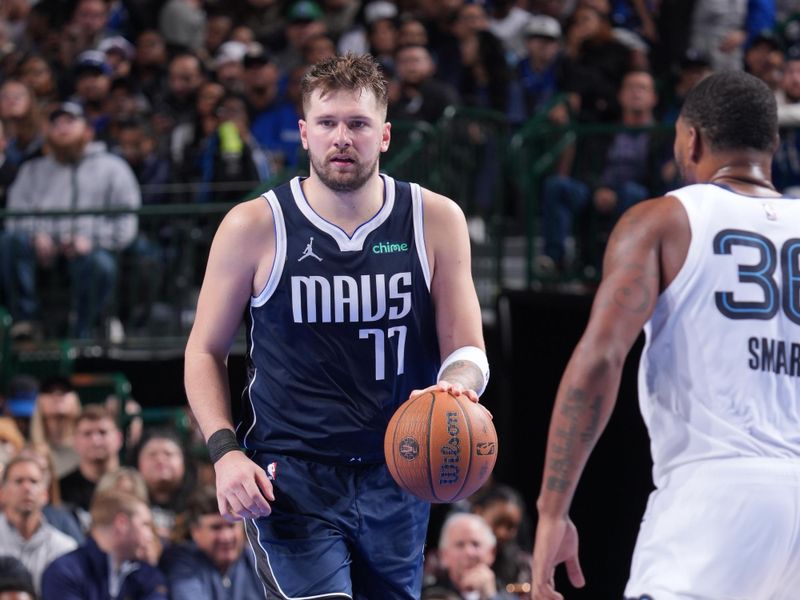 DALLAS, TX - DECEMBER 3: Luka Doncic #77 of the Dallas Mavericks dribbles the ball during the game against the Memphis Grizzlies during a Emirates NBA Cup game on December 3, 2024 at American Airlines Center in Dallas, Texas. NOTE TO USER: User expressly acknowledges and agrees that, by downloading and or using this photograph, User is consenting to the terms and conditions of the Getty Images License Agreement. Mandatory Copyright Notice: Copyright 2024 NBAE (Photo by Glenn James/NBAE via Getty Images)