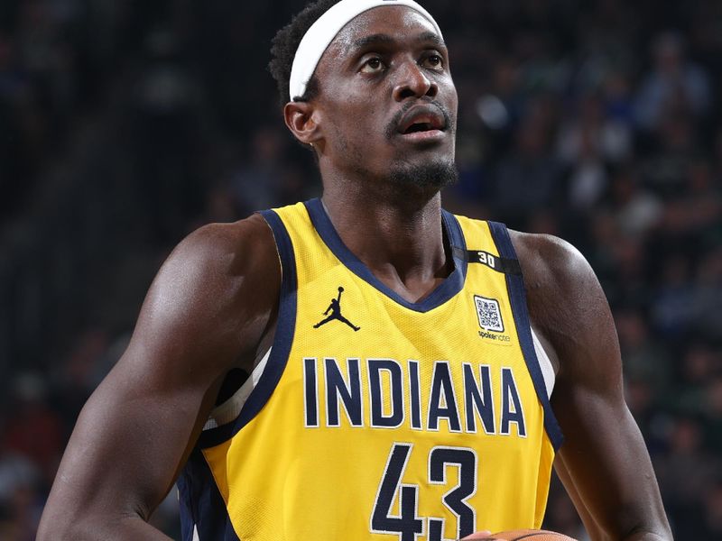 MILWAUKEE, WI - APRIL 21:  Pascal Siakam #43 of the Indiana Pacers shoots a free throw during the game against the Milwaukee Bucks during Round 1 Game 1 of the 2024 NBA Playoffs  on April 21, 2024 at the Fiserv Forum Center in Milwaukee, Wisconsin. NOTE TO USER: User expressly acknowledges and agrees that, by downloading and or using this Photograph, user is consenting to the terms and conditions of the Getty Images License Agreement. Mandatory Copyright Notice: Copyright 2024 NBAE (Photo by Jeff Haynes/NBAE via Getty Images).