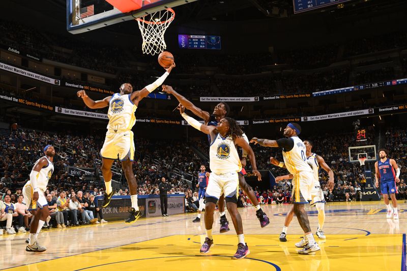 SAN FRANCISCO, CA - OCTOBER 13: Jonathan Kuminga #00 of the Golden State Warriors goes up for the rebound during the game against the Detroit Pistons during a NBA Preseason game on October 13, 2024 at Chase Center in San Francisco, California. NOTE TO USER: User expressly acknowledges and agrees that, by downloading and or using this photograph, user is consenting to the terms and conditions of Getty Images License Agreement. Mandatory Copyright Notice: Copyright 2024 NBAE (Photo by Noah Graham/NBAE via Getty Images)