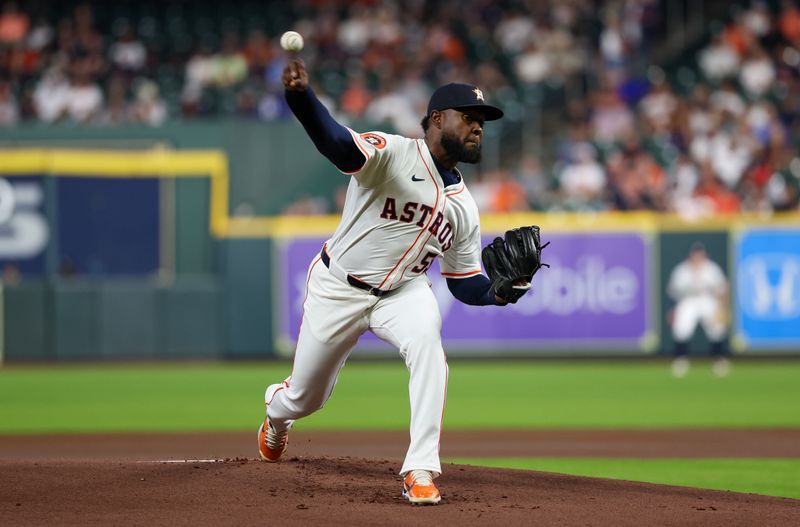 Sep 17, 2025; Houston, Texas, USA; Houston Astros starting pitcher Cristian Javier (53) pitches against the Texas Rangers in the first inning at Daikin Park. Mandatory Credit: Thomas Shea-Imagn Images