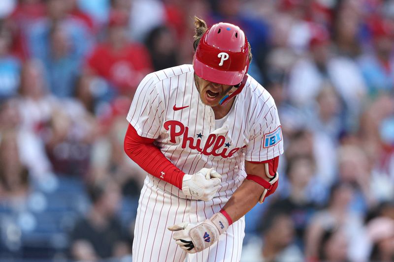 Aug 14, 2024; Philadelphia, Pennsylvania, USA; Philadelphia Phillies third base Alec Bohm (28) reacts to popping out to end the first inning against the Miami Marlins at Citizens Bank Park. Mandatory Credit: Bill Streicher-USA TODAY Sports