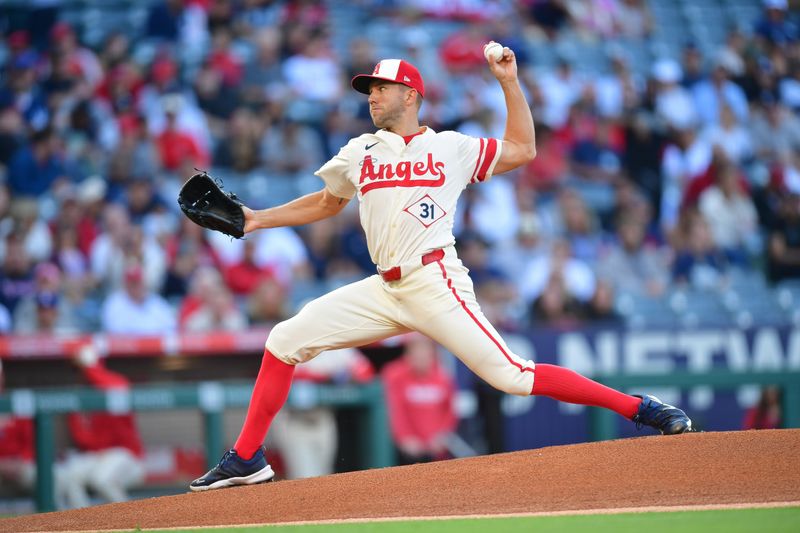 May 27, 2025; Anaheim, California, USA; Los Angeles Angels pitcher Tyler Anderson (31) throws against the New York Yankees during the first inning at Angel Stadium. Mandatory Credit: Gary A. Vasquez-Imagn Images