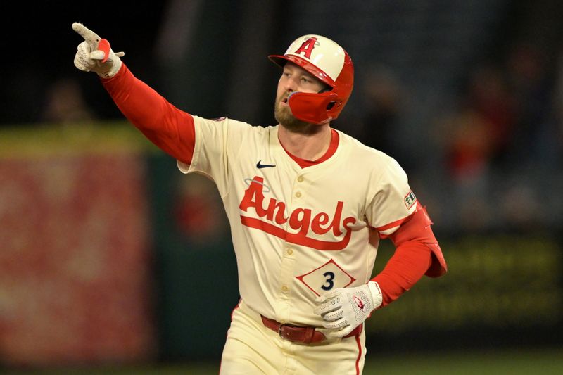 Sep 24, 2025; Anaheim, California, USA;  Los Angeles Angels left fielder Taylor Ward (3) rounds the bases after hitting a solo home run in the third inning against the Kansas City Royals at Angel Stadium. Mandatory Credit: Jayne Kamin-Oncea-Imagn Images