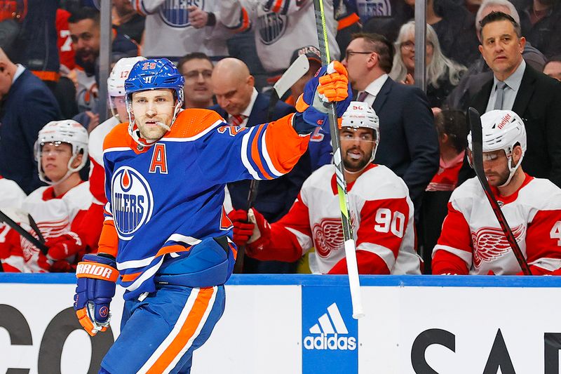 Feb 13, 2024; Edmonton, Alberta, CAN; Edmonton Oilers forward Leon Draisaitl (29) celebrates after scoring a goal during the first period against the Detroit Red Wings at Rogers Place. Mandatory Credit: Perry Nelson-USA TODAY Sports